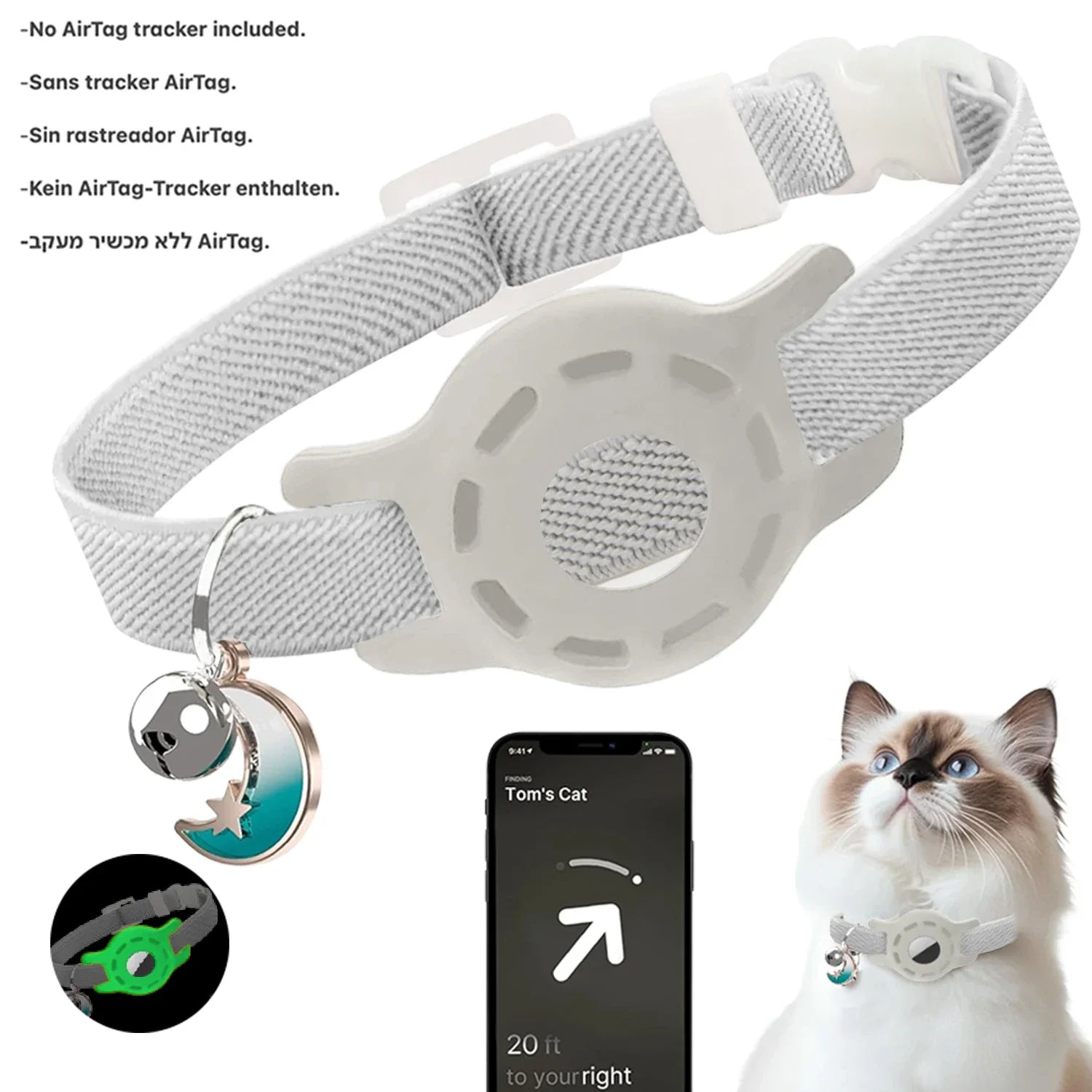 Fashion Airtag Pet Collar Adjustable Elastic Nylon Puppy Cat Collar with Bell Anti-lost GPS Tracker Case（No tracker included）