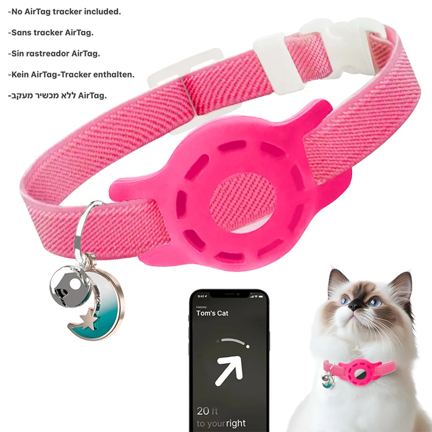 Fashion Airtag Pet Collar Adjustable Elastic Nylon Puppy Cat Collar with Bell Anti-lost GPS Tracker Case（No tracker included）