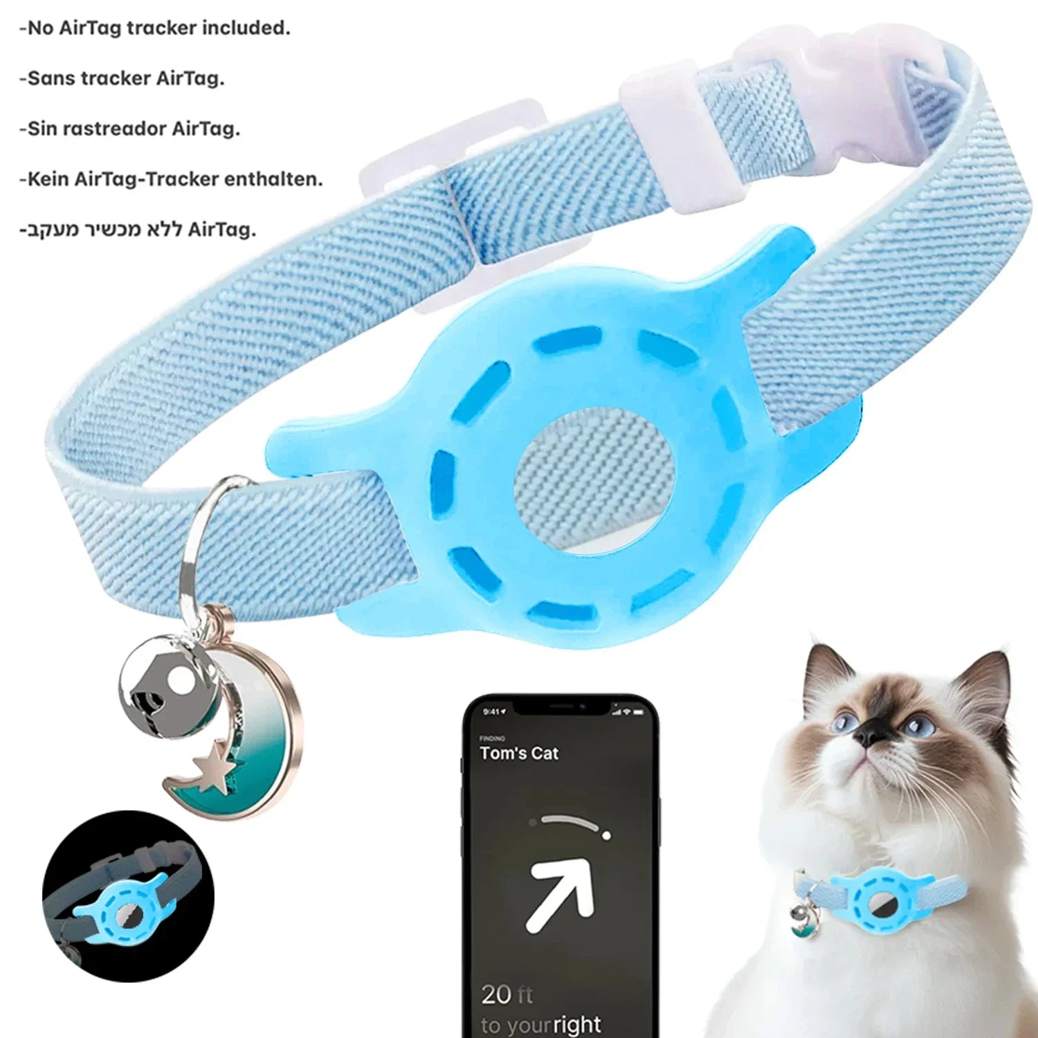 Fashion Airtag Pet Collar Adjustable Elastic Nylon Puppy Cat Collar with Bell Anti-lost GPS Tracker Case（No tracker included）