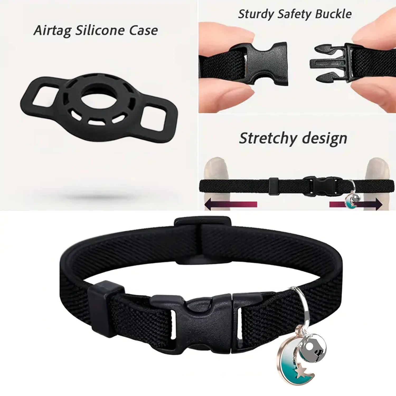 Fashion Airtag Pet Collar Adjustable Elastic Nylon Puppy Cat Collar with Bell Anti-lost GPS Tracker Case（No tracker included）