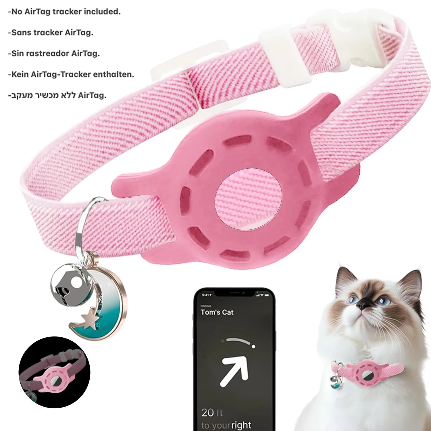 Fashion Airtag Pet Collar Adjustable Elastic Nylon Puppy Cat Collar with Bell Anti-lost GPS Tracker Case（No tracker included）